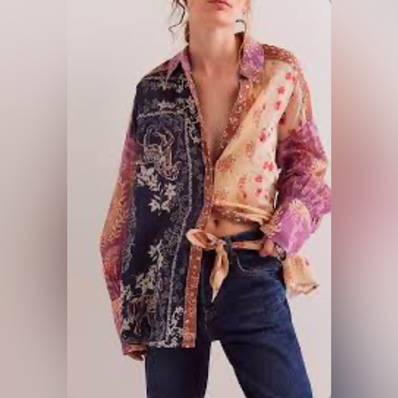 Sale!▪️NWT Free People Flower Patch Long Sleeve Top in Saddle Combo-M - Picture 2 of 6